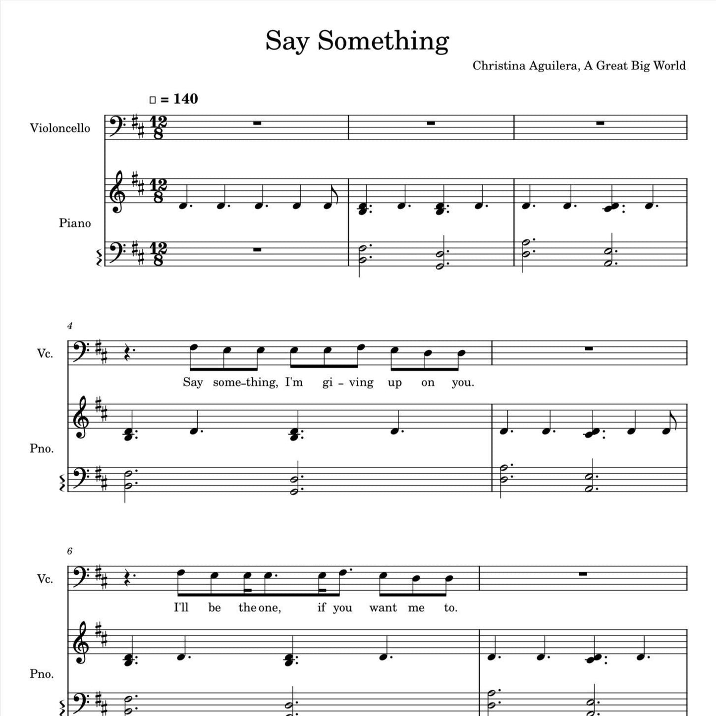 A Great Big World - Say Something (Piano and Cello Sheet Music) PDF