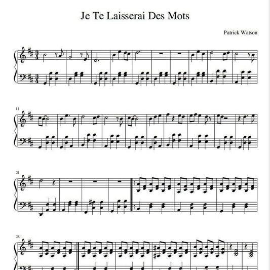 Patrick Watson - Je te laisserai de mots (Piano Sheet Music) PDF