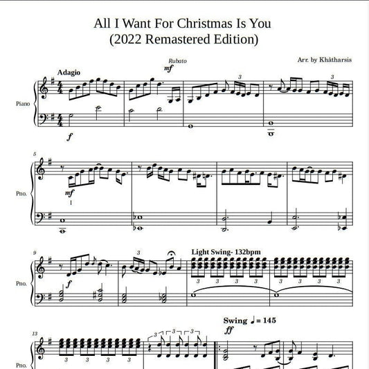 Mariah Carey - All I want for Christmas is you (Piano Sheet Music Downloadable PDF