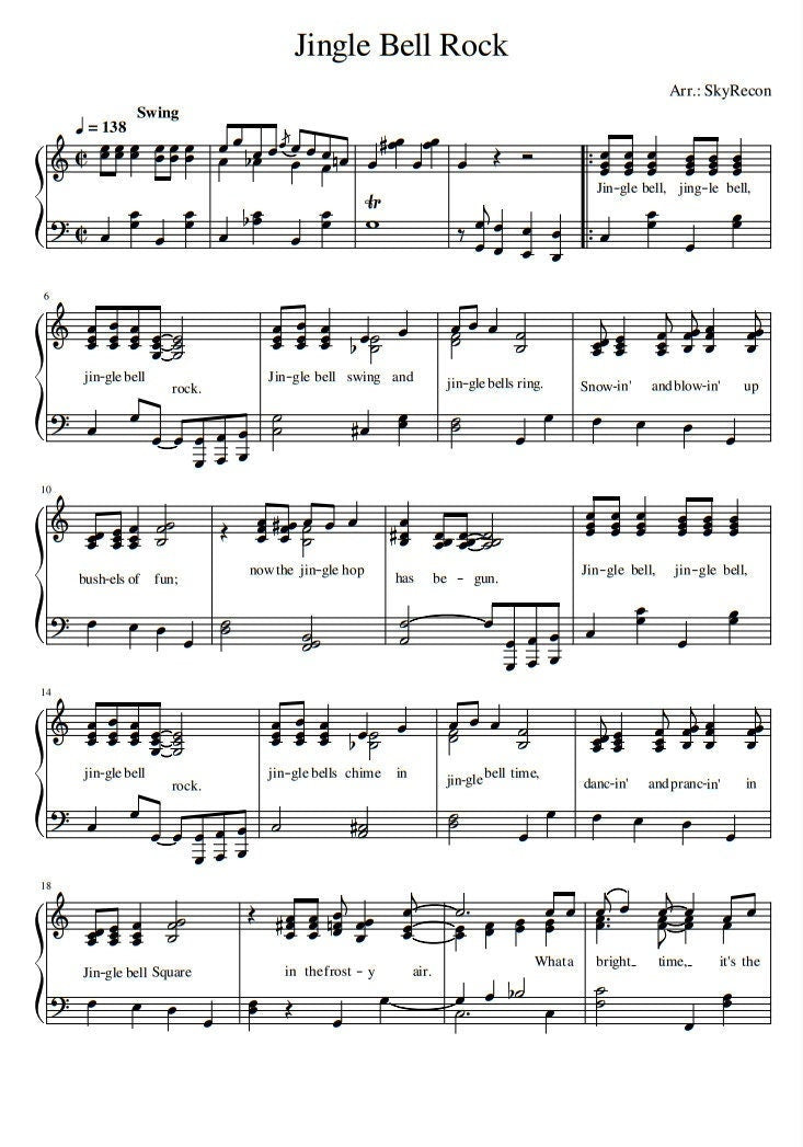 Jingle Bell Rock (Piano Sheet Music) Downloadable PDF