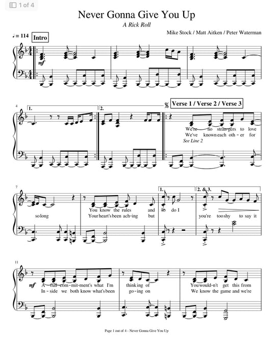 Rick Astley - Never Gonna Give You Up (Piano Sheet Music) PDF